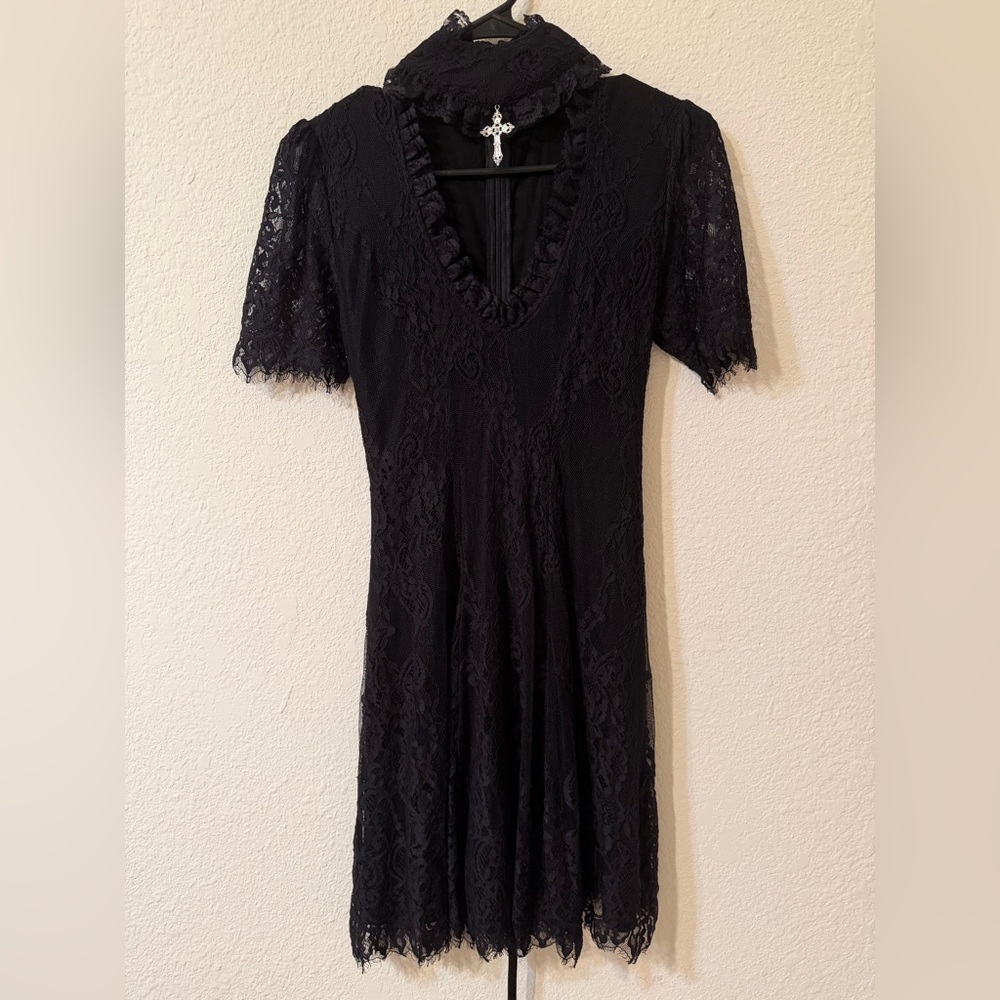 Dolls Kill Widow Goth Lace Cross Pendant Choker Dress
